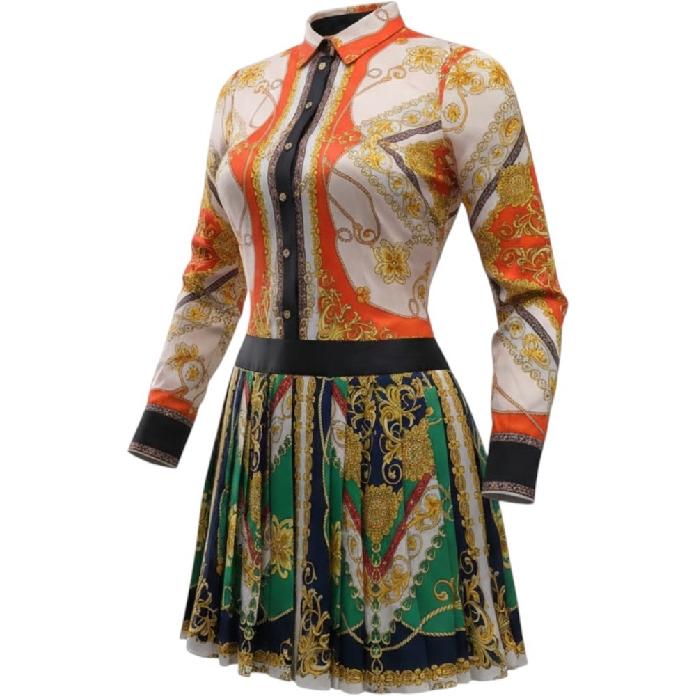 Zara Woman Scarf Print Pleated Mini Shirt Dress Long Sleeve Gold Crest Buttons S
